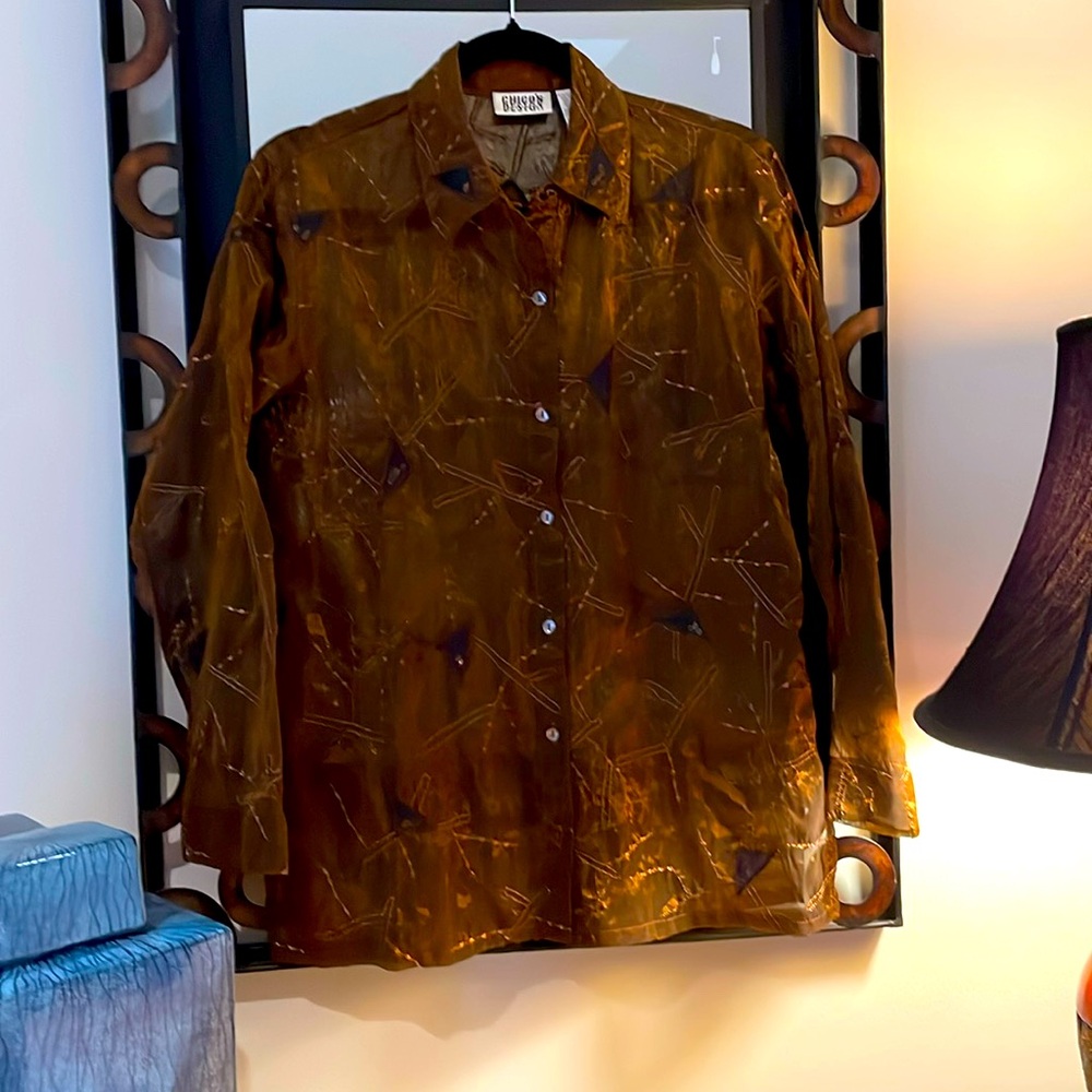 Chicos size 0(small) Vintage sheer brown/black metallic thread & sequin blouse
